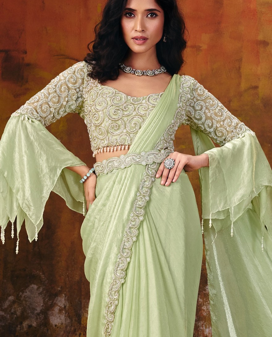 27117 - Pista Green Embroidered Wedding Party Designer Saree